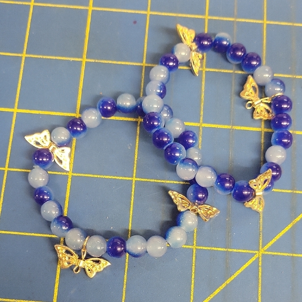 Beaded Blue Gold Tone Butterfly 8" Bracelet Set Of 2